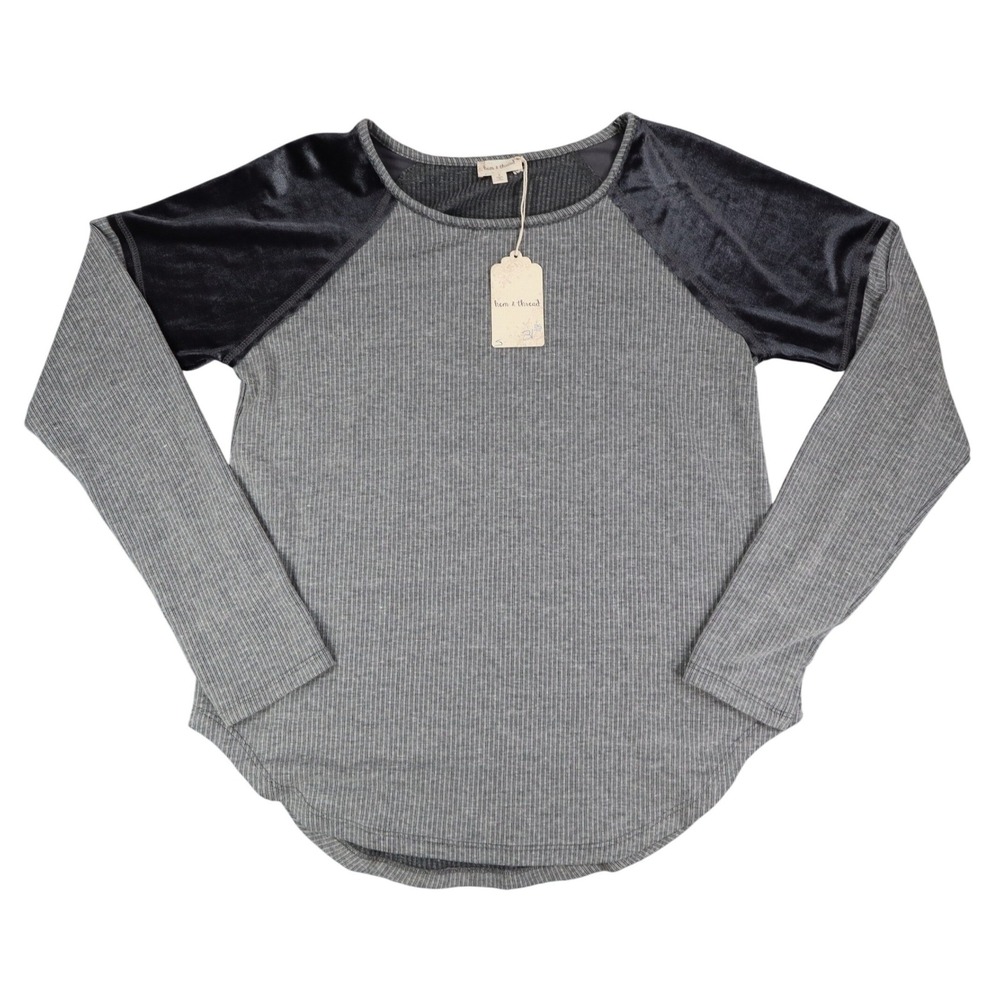 Hem & Thread Top Womens Small Gray Ribbed Knit Velvet Raglan Sleeve Shirt NEW